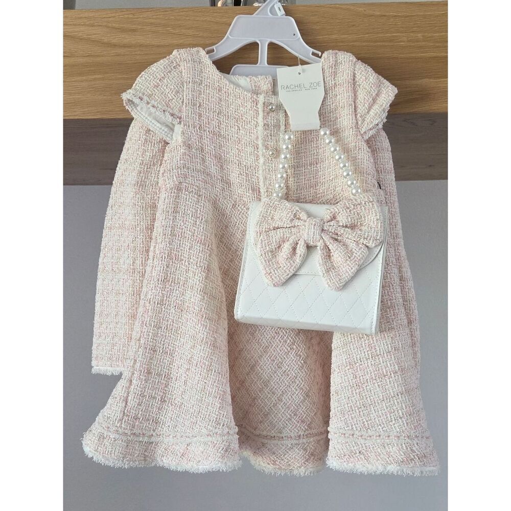 Rachel Zoe Pale Pink Tweed Baby Dress with White Bow Purse